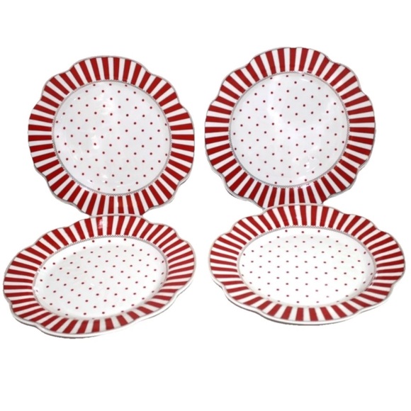 4 Grace Teaware Josephine 9.25” Porcelain Red White Striped Plates New Set 4 - Picture 4 of 5
